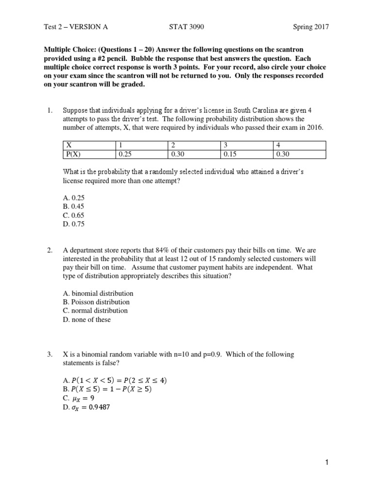 SPR 17 - T2 - Form A - Blank | PDF | Mean | Standard Deviation