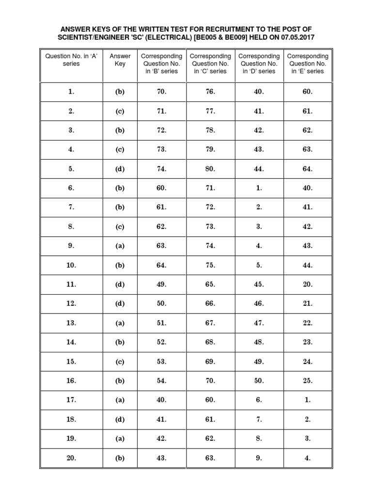 Answer Keys for Scientist/Engineer Exam | PDF