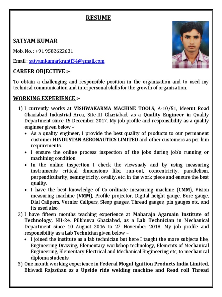 Resume: Satyam Kumar | PDF | Engineering | Mechanical Engineering