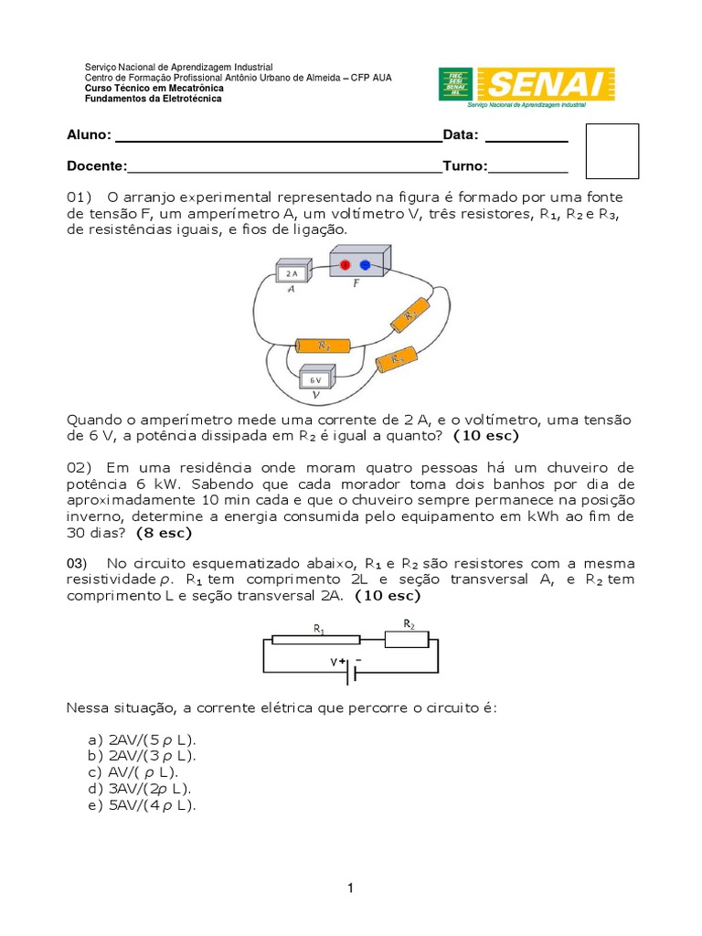 Exercícios de Circuito Elétrico 8º Ano | PDF | Circuitos em série e em ...