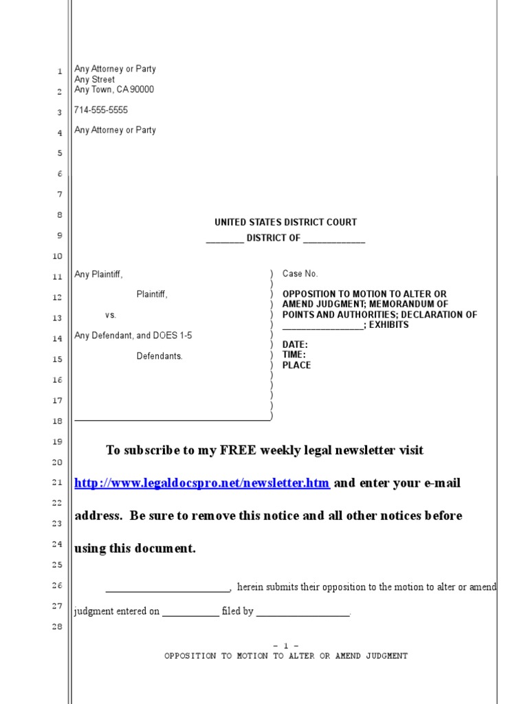 Sample Opposition To Motion To Alter or Amend Judgment in United States District Court PDF