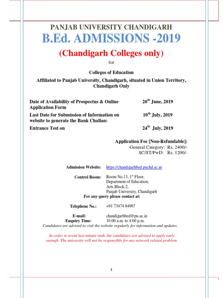 B.Ed. ADMISSIONS 2019 (Chandigarh Colleges Only) Download Free PDF
