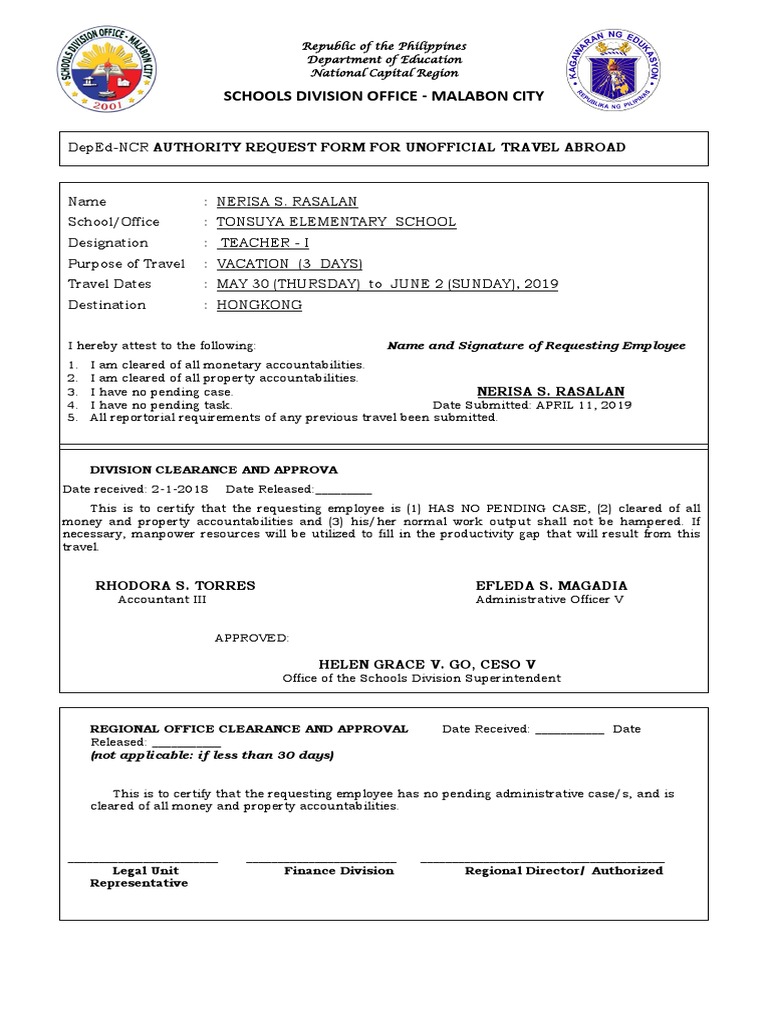 DepEd Travel Authority Form for Philippines Teacher PDF