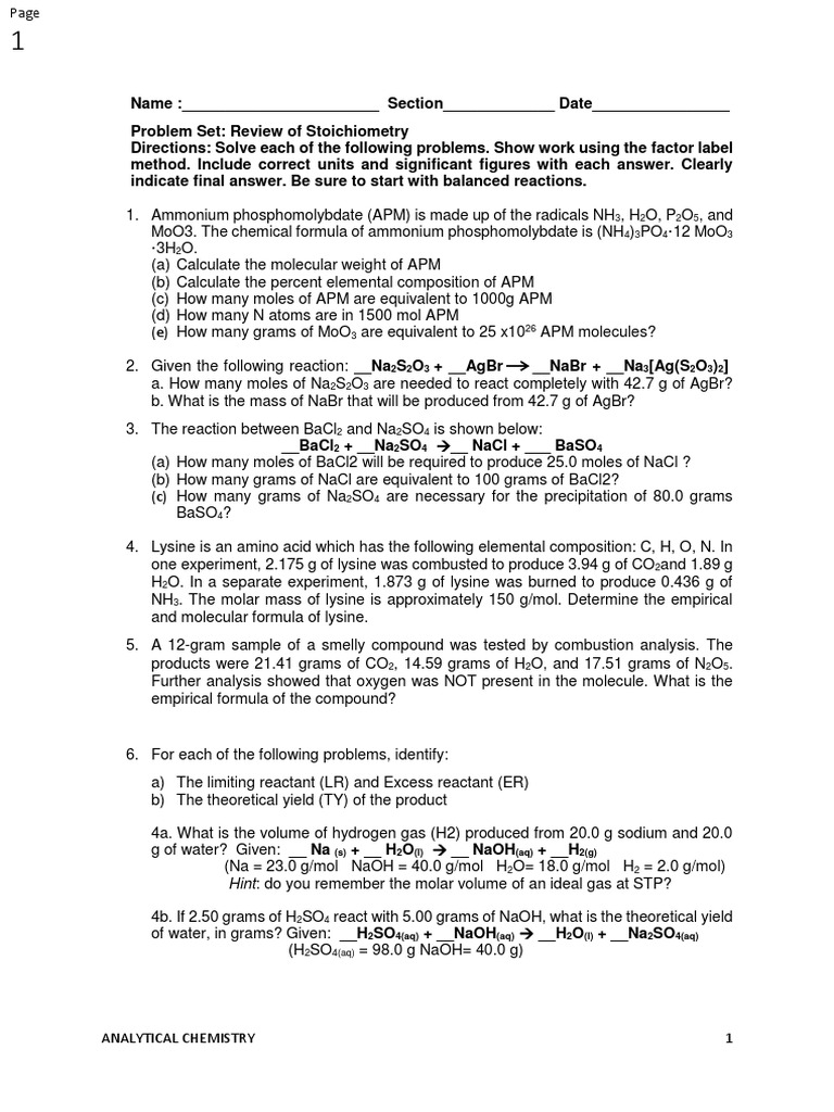 1 Stoichiometry PDF Nitric Acid Mole (Unit)