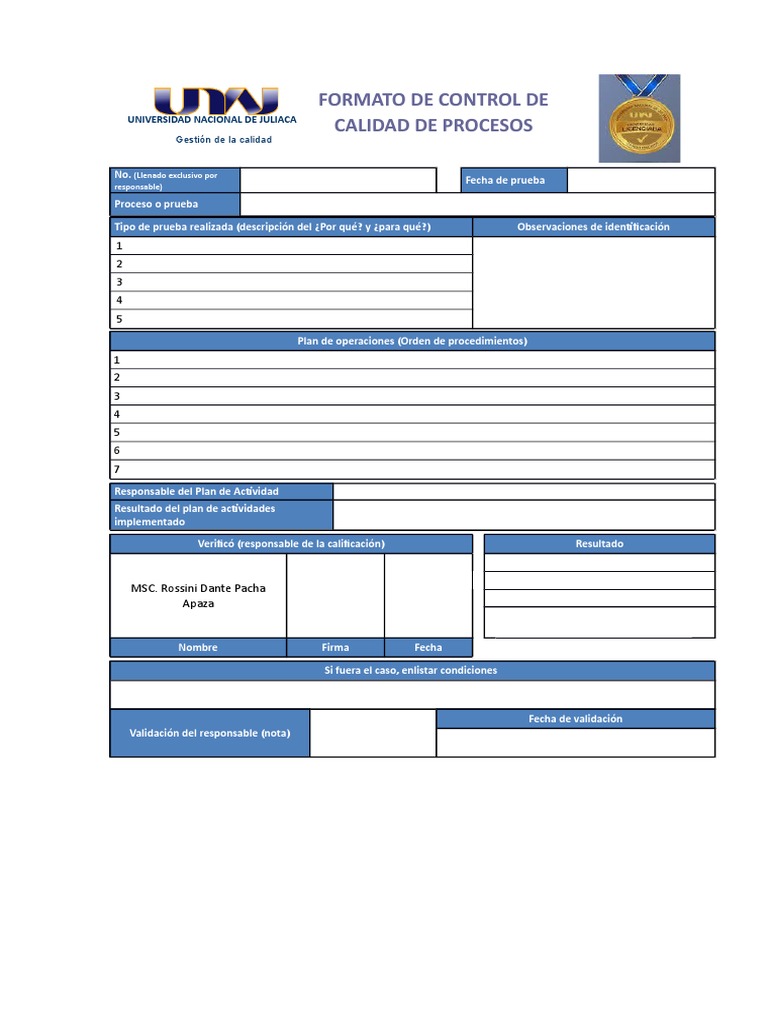 Formato De Control De Calidad De Procesos