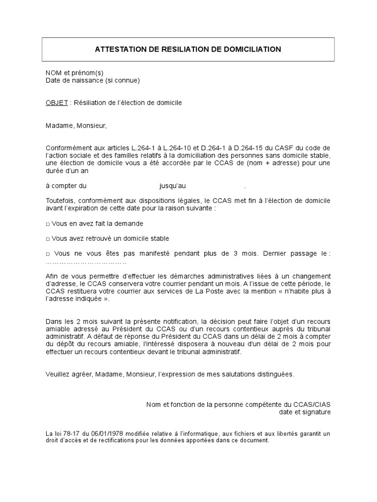 Attestation De Domiciliation De Siège Social Word
