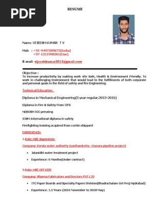 Resume Vijeesh Kumar | PDF | Safety | Occupational Safety And Health
