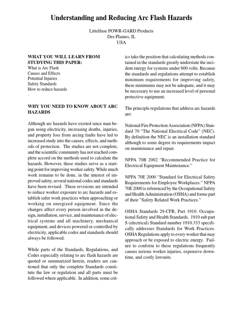 Littelfuse ArcFlash Hazards White Paper PDF Electric Arc Fuse (Electrical)