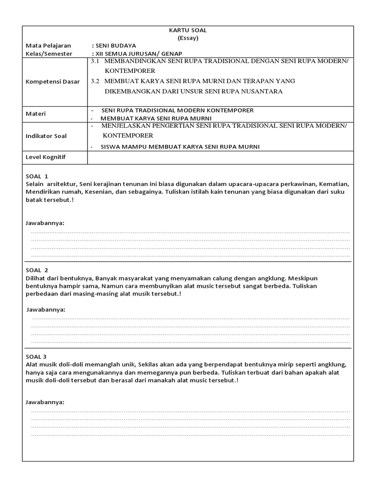 Kartu Soal Hots Senibudaya Kls Xii Sem Genap Pdf