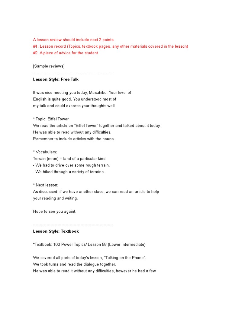 Lesson Review Guidelines and Examples | PDF | English Language ...
