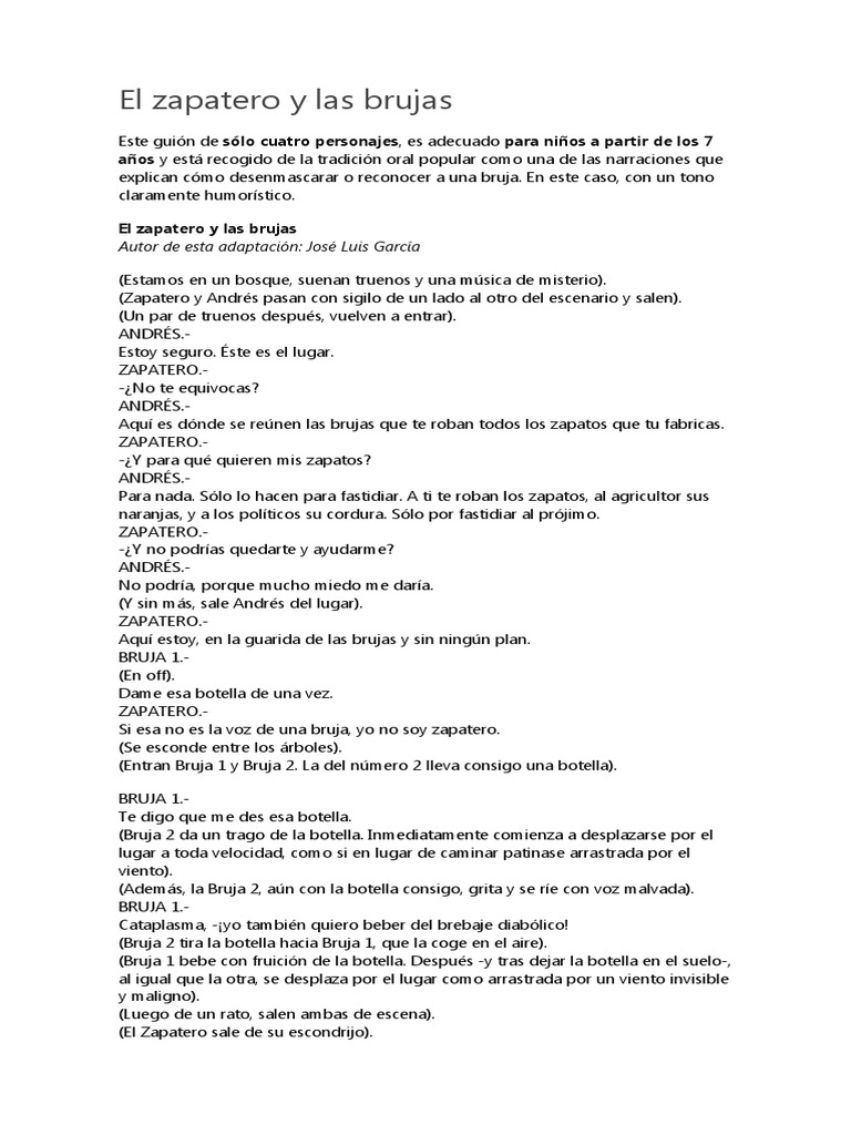 El zapatero y las brujas: Guion infantil | PDF
