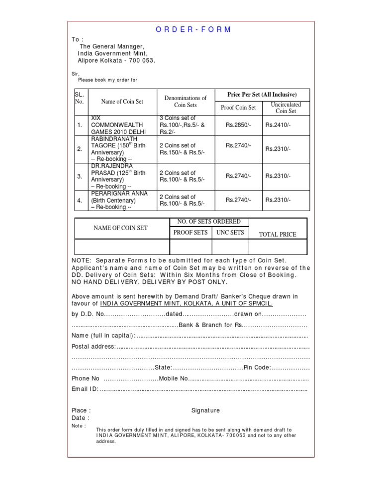 Coin Set Order Form India Mint | PDF | Currencies Of The United States ...