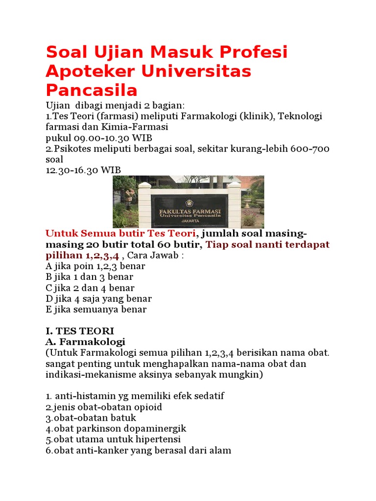 Soal Ujian Masuk Profesi Apoteker Universitas Pancasila