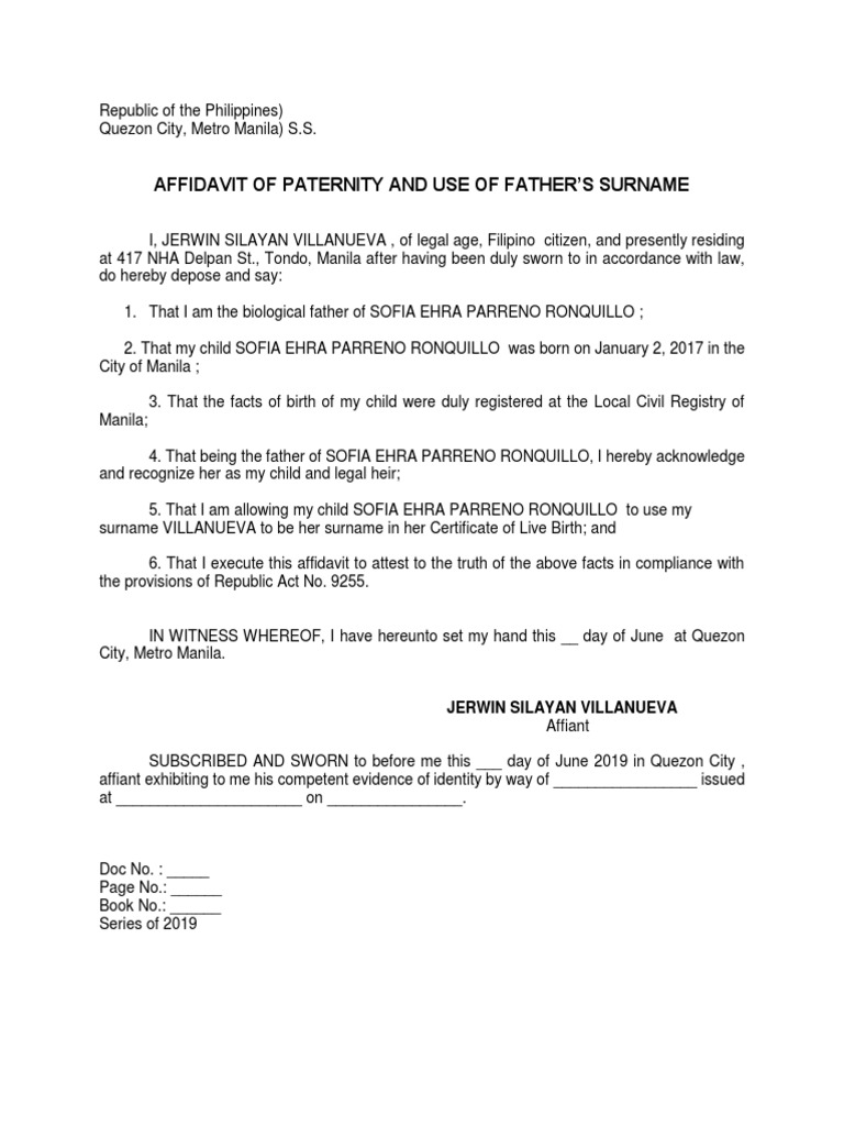 Affidavit of Paternity and Surname Use | PDF