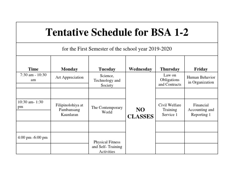 BSA 1-2 Semester Schedule 2019-2020 | PDF