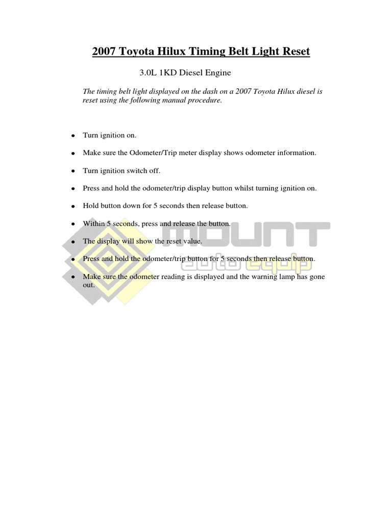 07 Toyota Hilux Timing Belt Light Reset Pdf