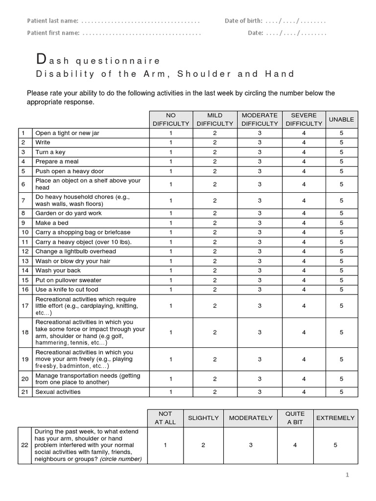 DASH Questionnaire for Arm Disabilities | PDF