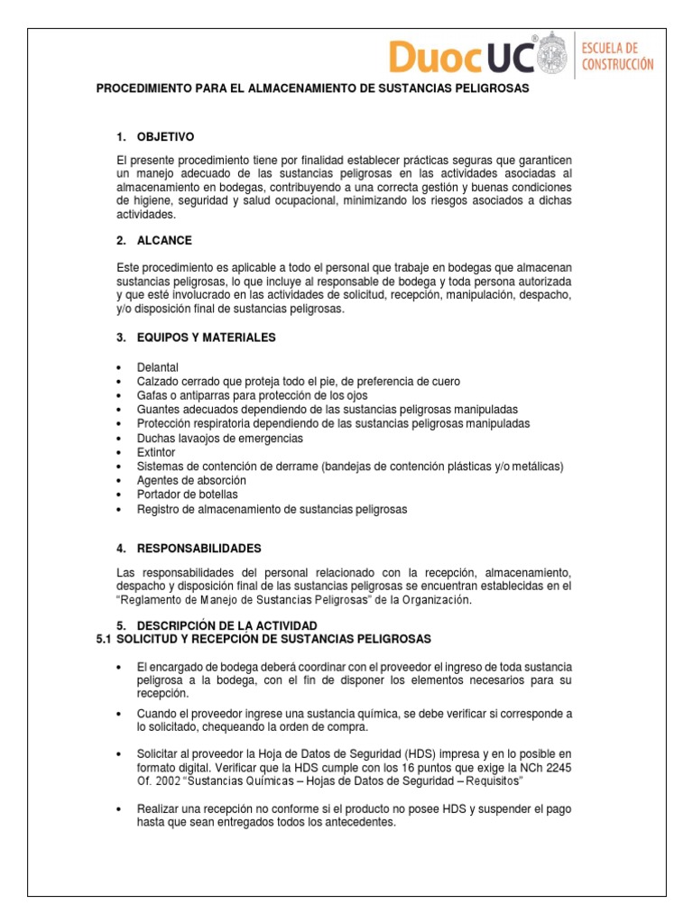 Procedimiento para El Almacenamiento de Sustancias Peligrosas Becerra ...