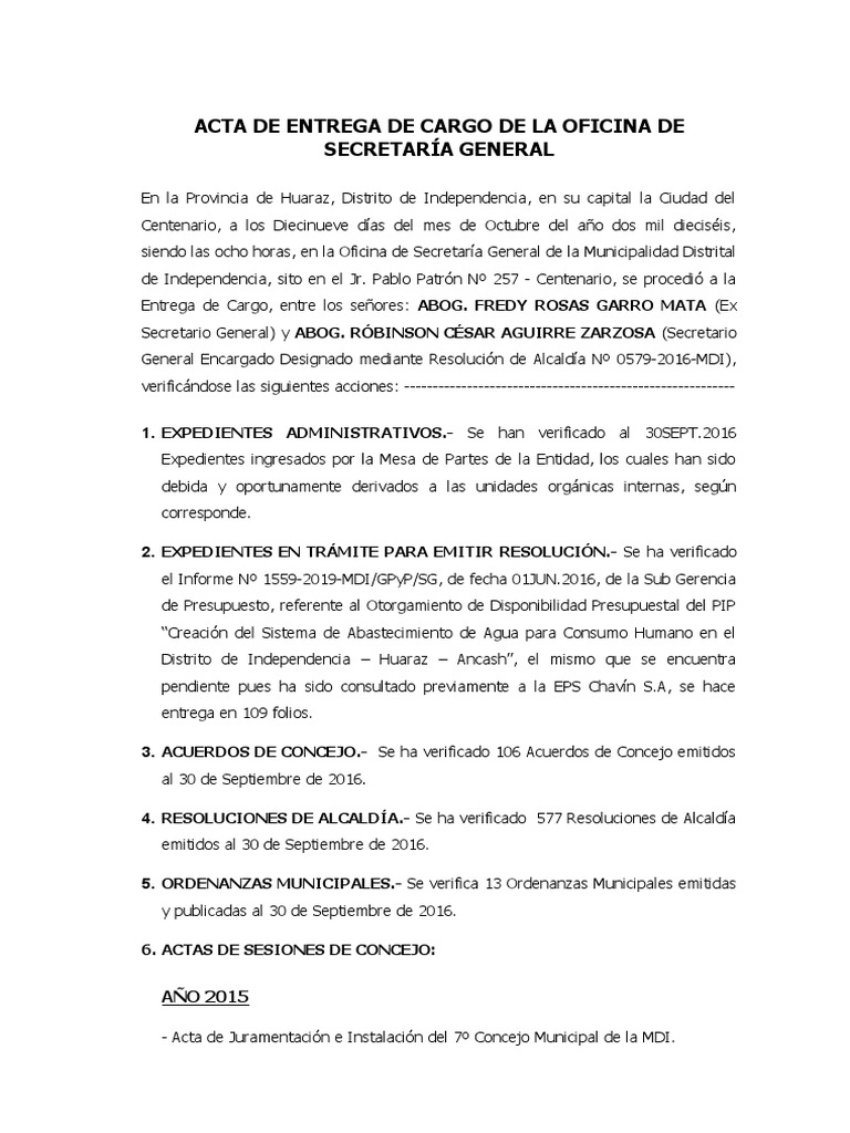 Acta de Entrega de Cargo Municipal | PDF | Hardware de la computadora ...