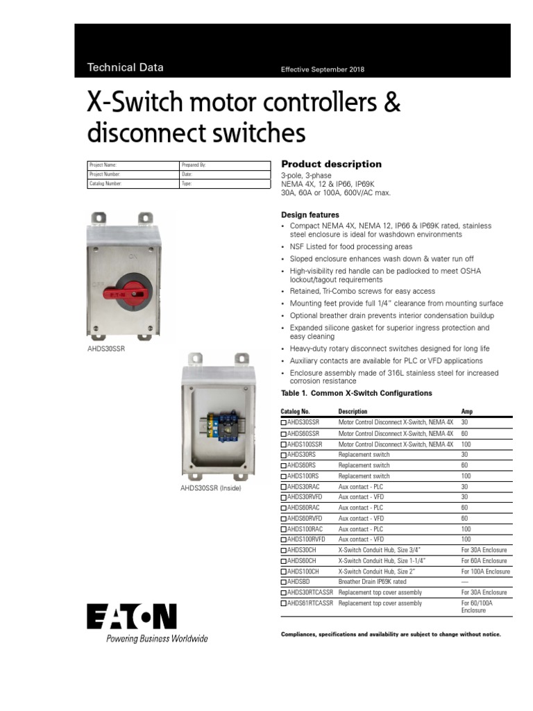 XSwitch Motor Controllers & Disconnect Switches Technical Data PDF