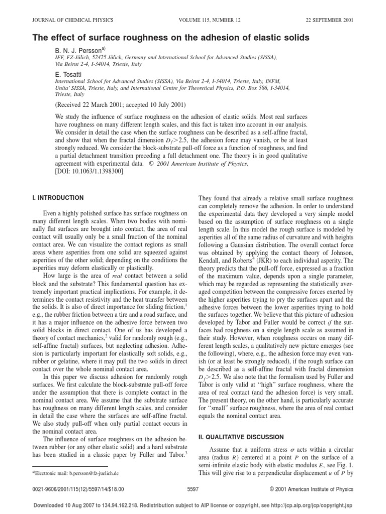 The Effect of Surface Roughness On The Adhesion of Elastic Solids | PDF ...