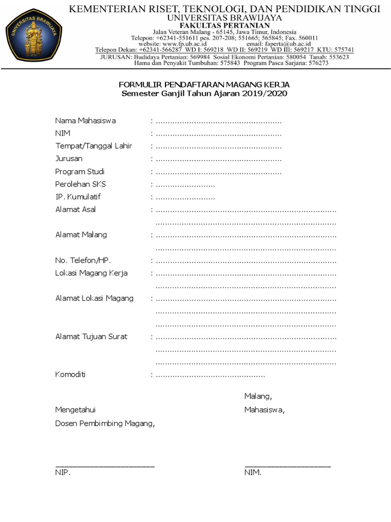 Form Pendaftaran Magang Kerja Dan Lokasi Magang 2019 | PDF