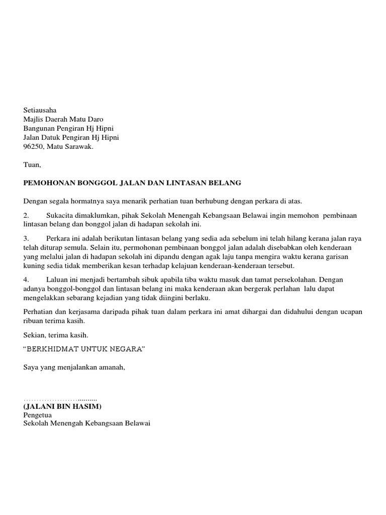 Contoh Surat Mohon Bonggol Jalan Dari Pemaju Kepada Majlis Daerah