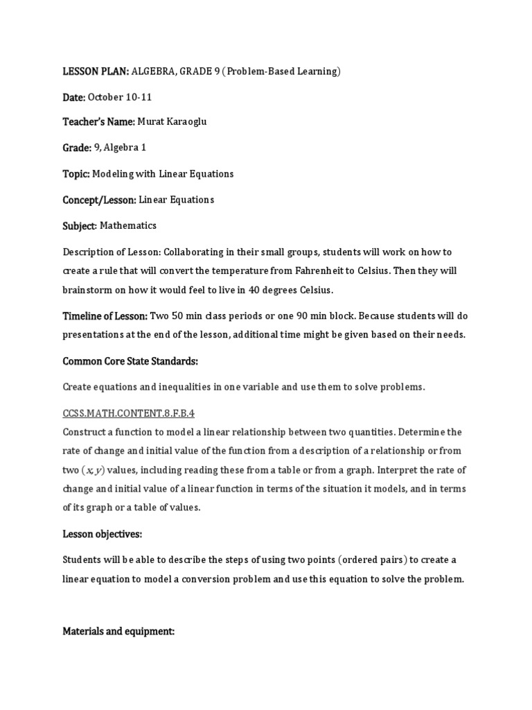 Educ5312mkaraoglulesson Plan | PDF | Equations | Fahrenheit