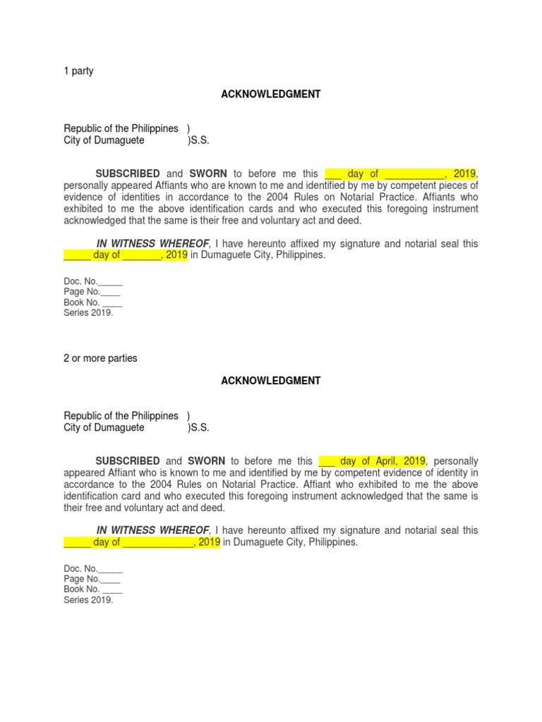 1 Party: SUBSCRIBED and SWORN To Before Me This - Day of - , 2019 | PDF ...