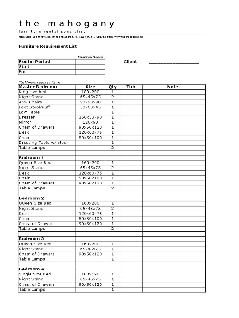 Furniture Requirement List | PDF | Bedroom | Chair