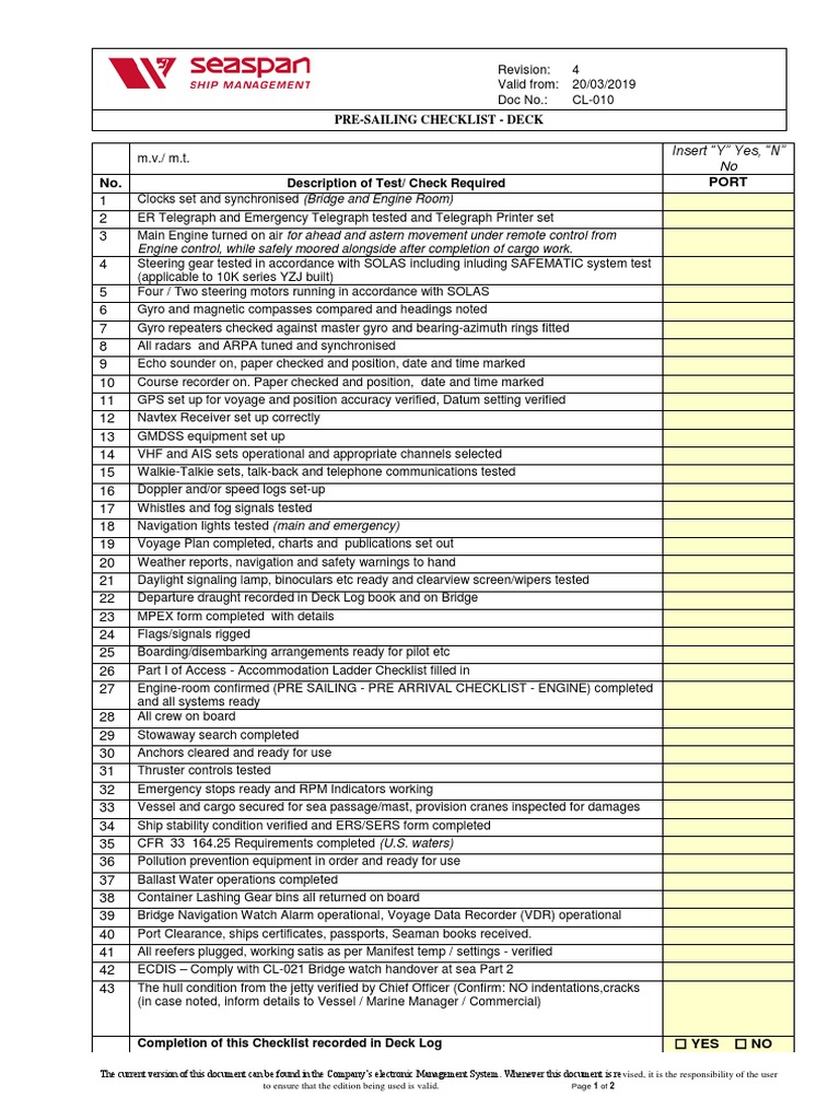 No. Port PreSailing Checklist Deck PDF Ships Shipping