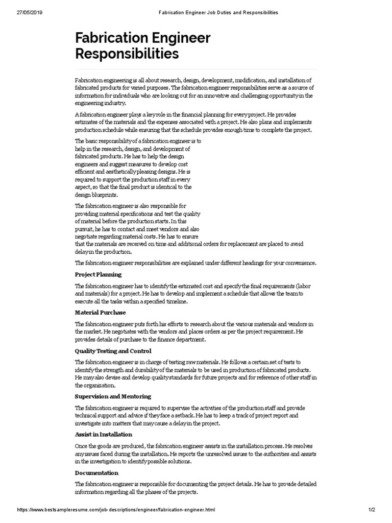 Fabrication Engineer Job Duties and Responsibilities PDF
