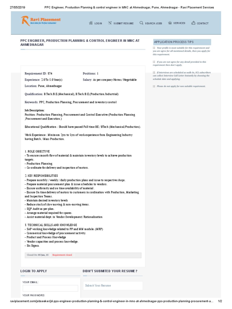 PPC Engineer, Production Plannin | PDF | Business | Engineering