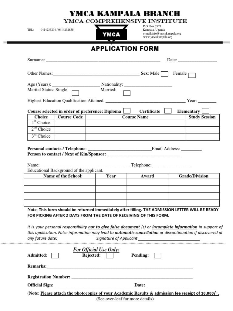 Ymca Kampala Branch: Application Form | PDF | University And College ...