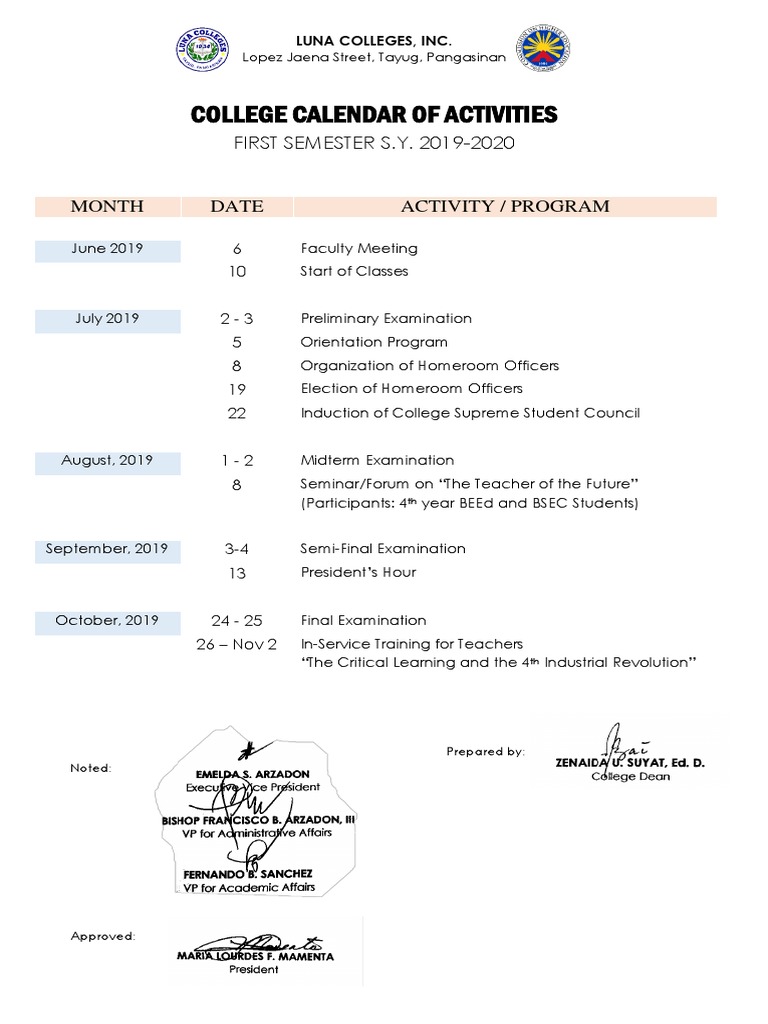 College Calendar of Activities | PDF | Educational Organizations