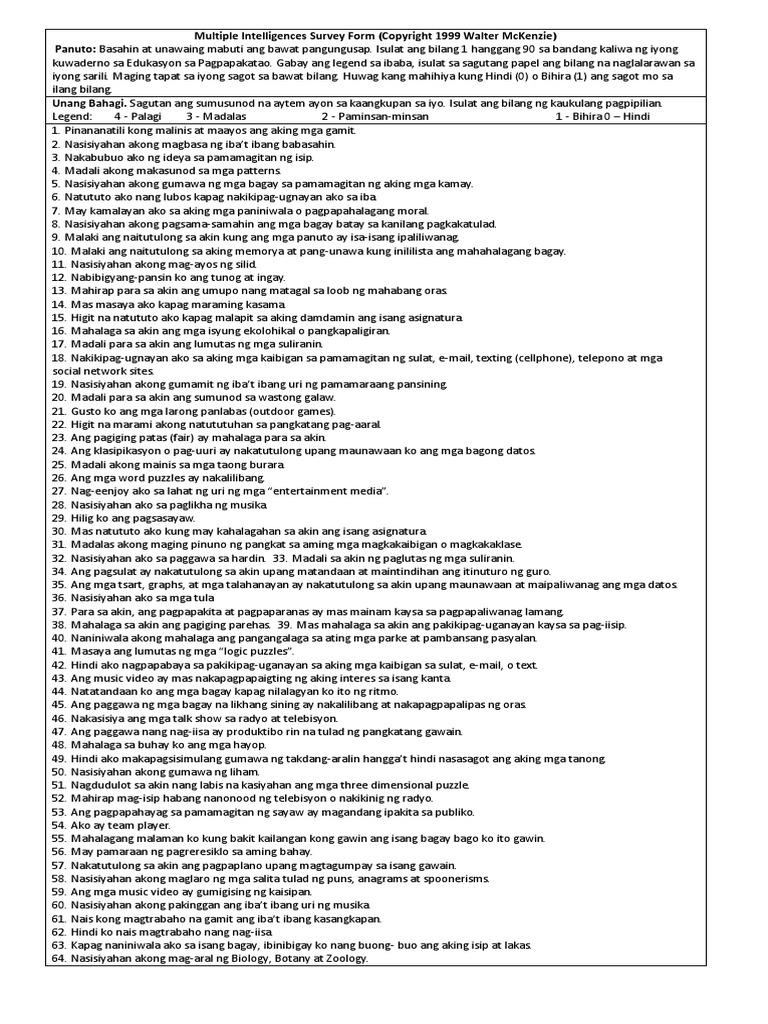 Multiple Intelligences Survey Form PDF