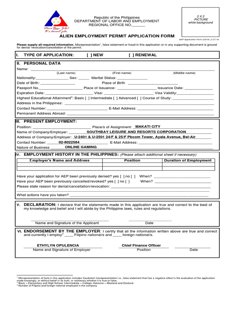 Alien Employment Permit Application Form | PDF | Travel Visa ...