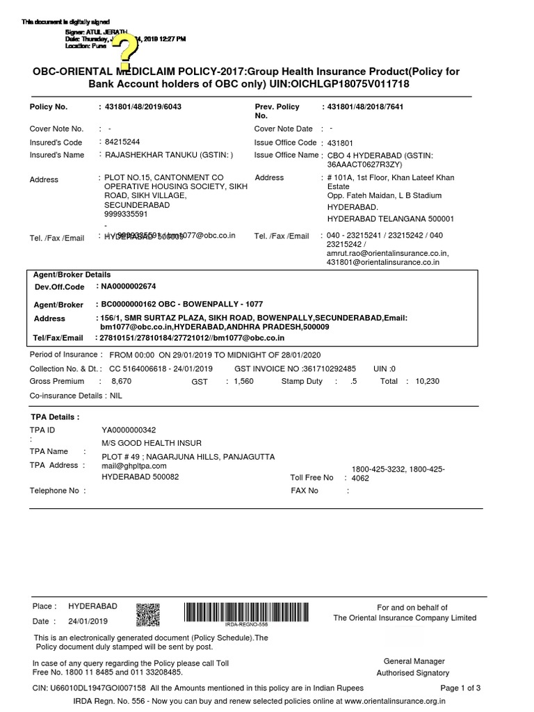 Oriental Insurance Company Health Policy Details PDF Insurance