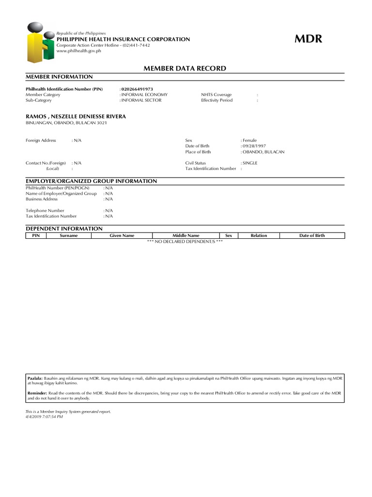 PhilHealth Member Data Record Guide | PDF | Service Industries | Public ...