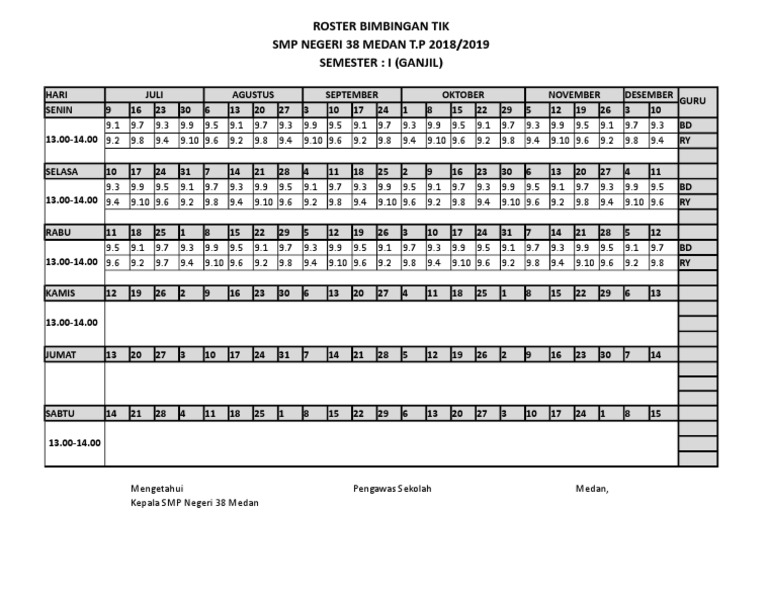 Roster Bimbingan Tik SMP NEGERI 38 MEDAN T.P 2018/2019 Semester: I ...