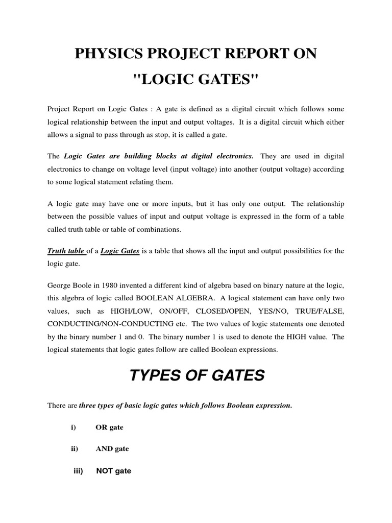 Physics Project Report On "Logic Gates" PDF Logic Gate Boolean