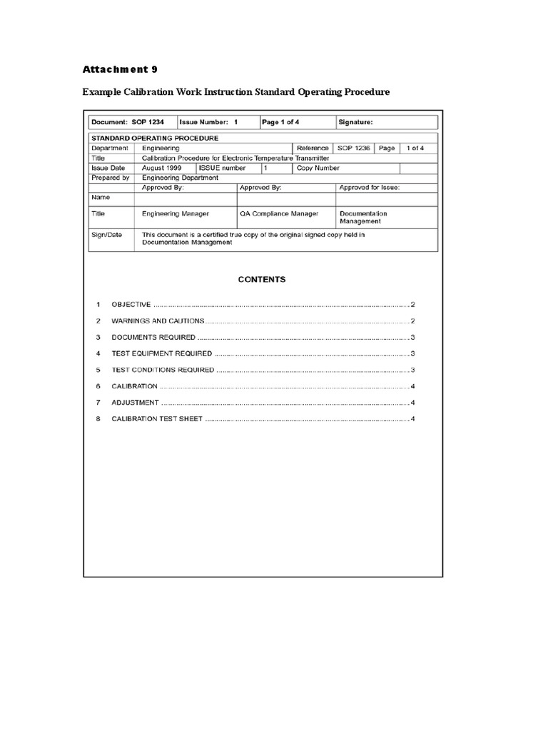 Attachment 9 Example Calibration Work Instruction Standard Operating