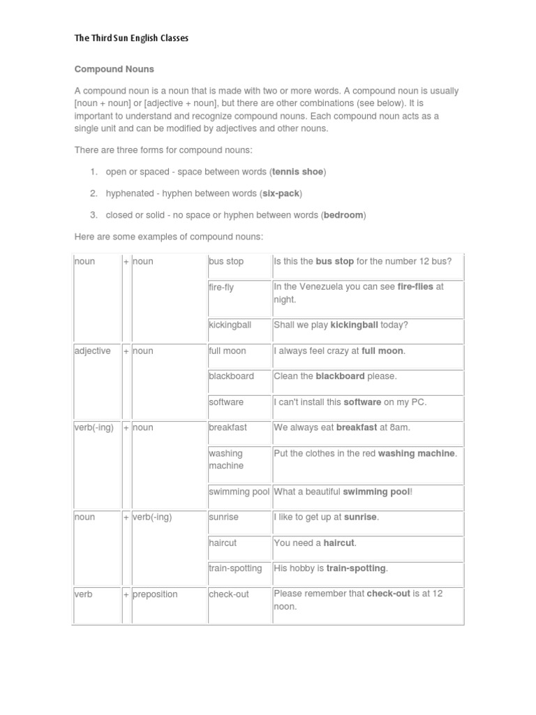 The Third Sun English Classes Compound Nouns PDF Noun Adjective
