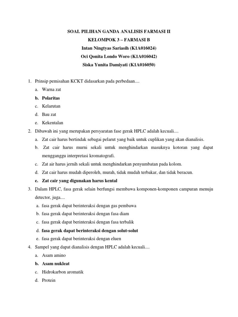 Soal Pilihan Ganda Analisis Farmasi Ii Docx
