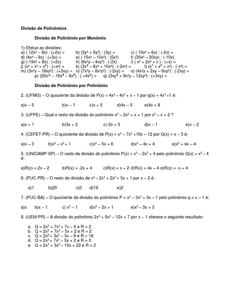 Exercícios de Divisão de Polinômios | PDF