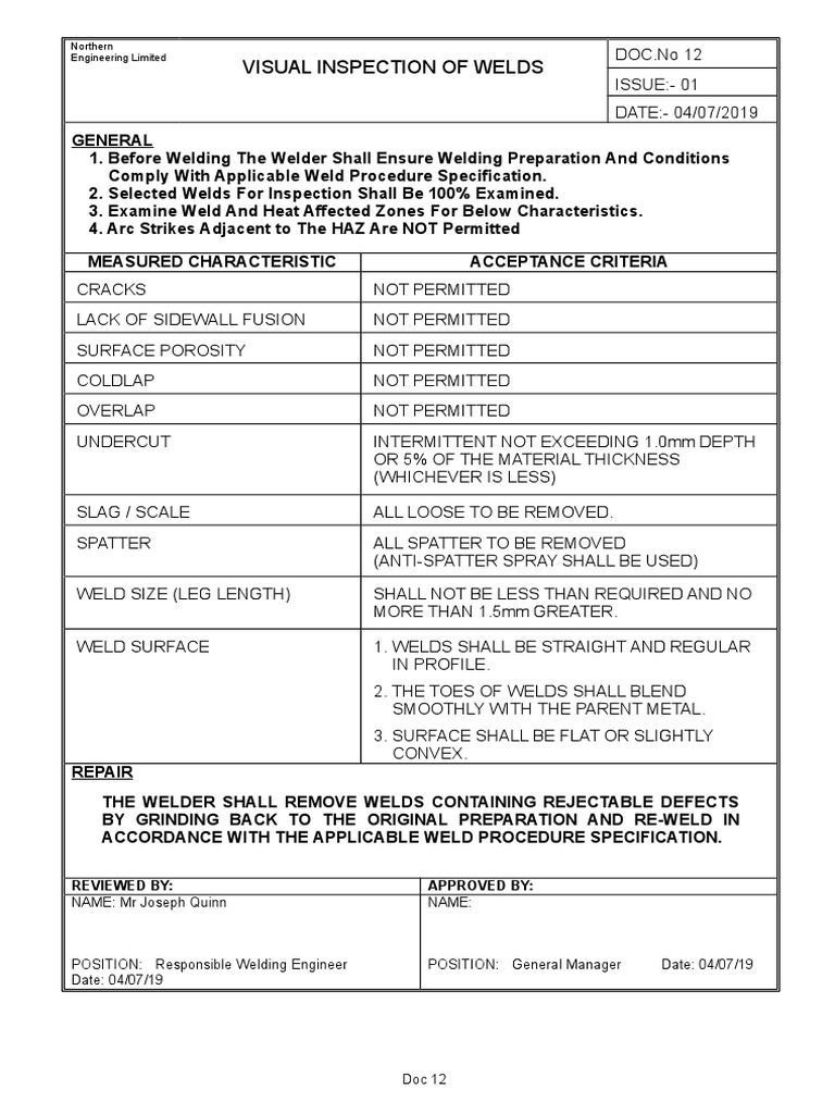 Visual Inspection Requirements and Acceptance Criteria for Welds