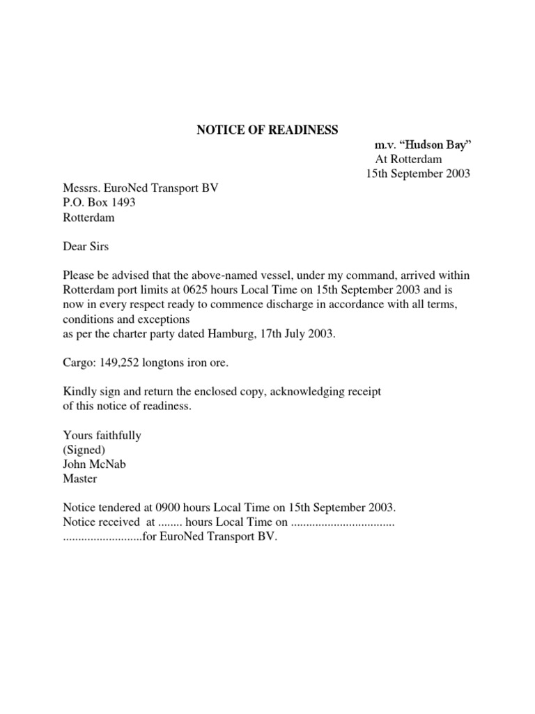 Notice of Readiness for Hudson Bay | PDF