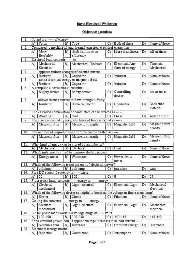 Electrical Workshop Quiz Questions | PDF | Incandescent Light Bulb ...