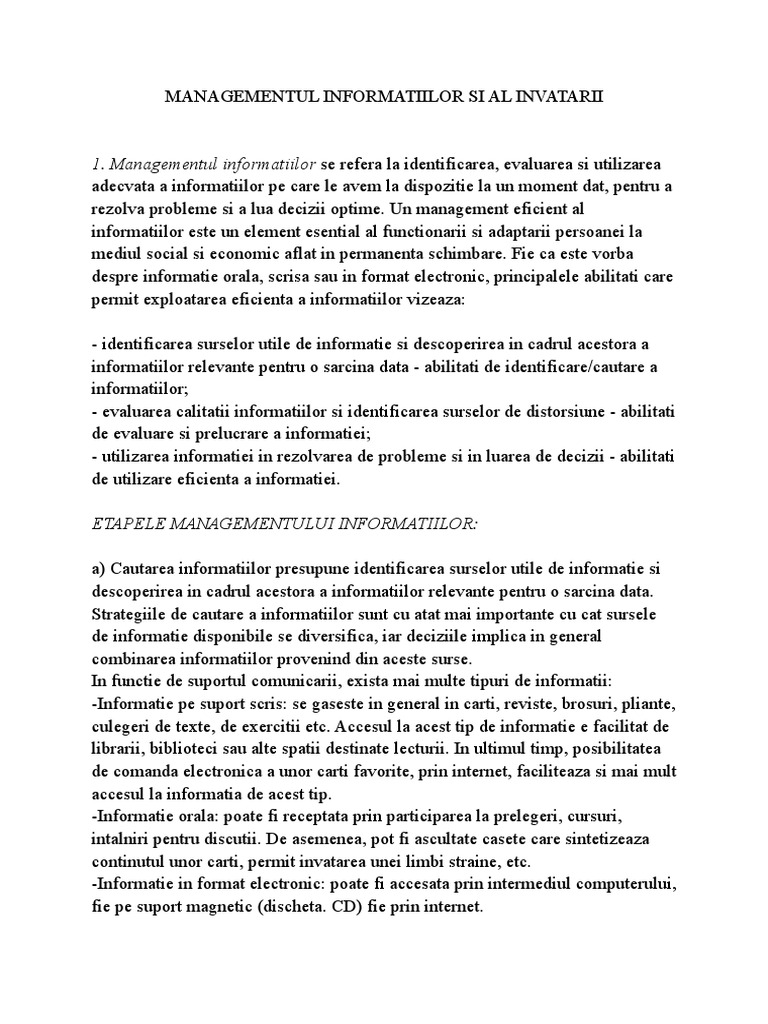 Managementul Informatiilor Si Al Invatarii | PDF