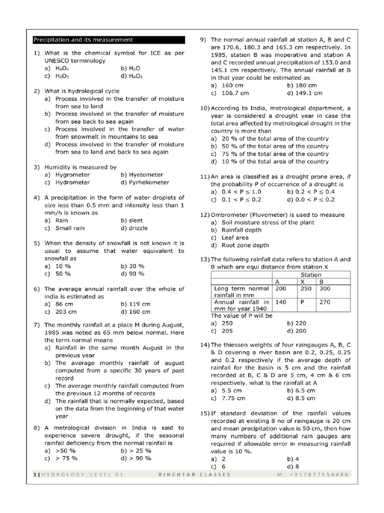 Hydrology Questions Sheet - Rinchtar Classes | PDF